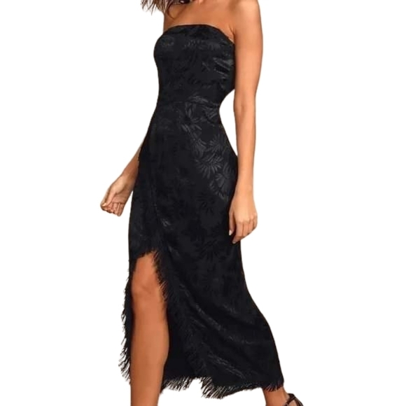 Lulus Ignite My Love Black Floral Embossed Strapless Fringe Midi Dress L - Picture 5 of 12
